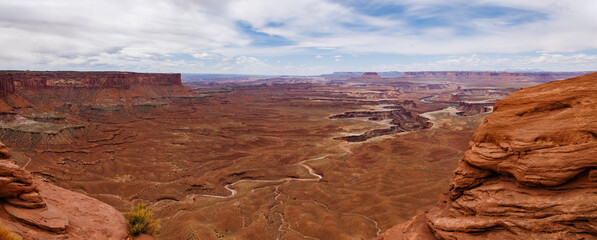 Panorama from Green River Overlook in the Island in the Sky district of Canyonlands National Park near Moab Utah. Selective focus, background blur and foreground blur.

