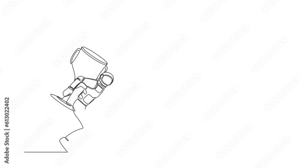 Poster animated self drawing of continuous line draw astronaut carrying huge golden trophy on back. heavy b