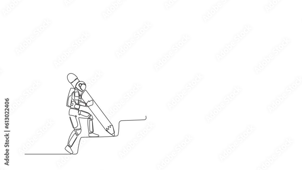 Poster animated self drawing of continuous line draw of astronaut using pencil to draw stairs walk climbing