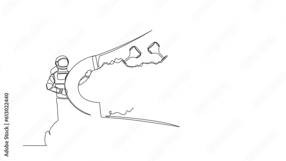 Poster animated self drawing of continuous line draw of young astronaut attracting many trophy with huge ma