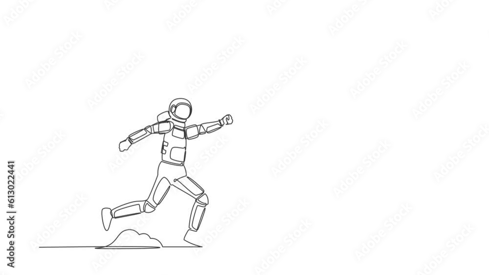 Poster self drawing animation of single one line draw astronaut trying to catch running chasing after run a