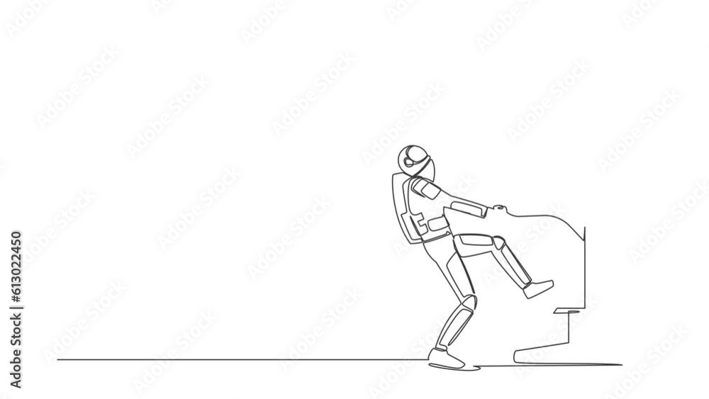 Poster animated self drawing of continuous line draw astronaut pulling trophy from monitor screen. award on