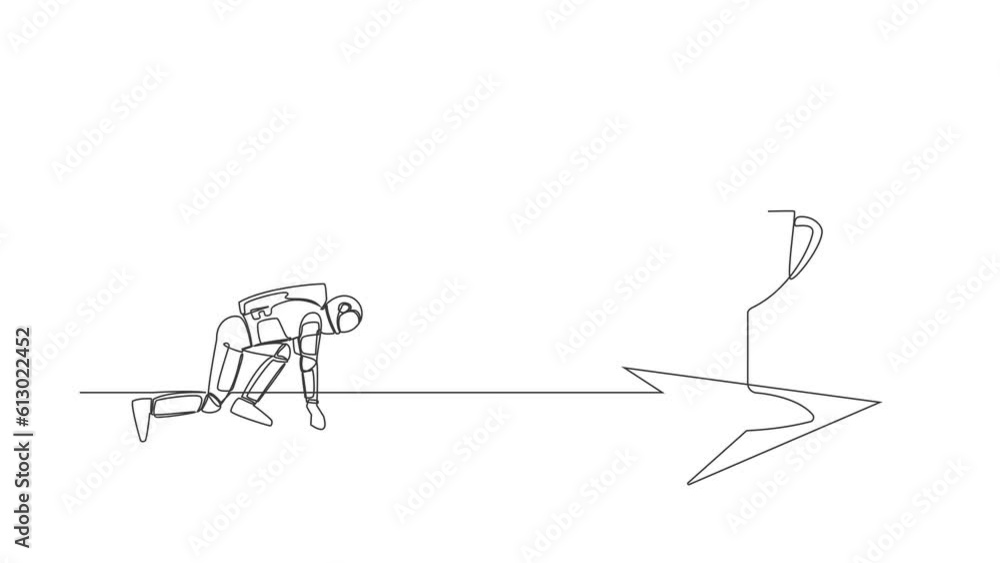 Poster animated self drawing of single continuous line draw astronaut ready to run to get trophy. vision mi