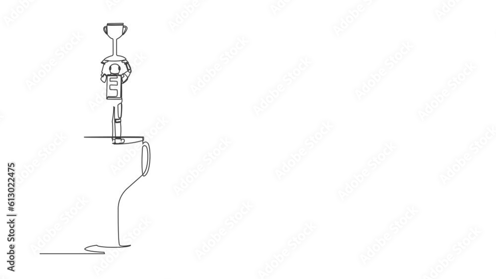 Poster self drawing animation of single line draw back view astronaut stand above trophy lifting up winner 