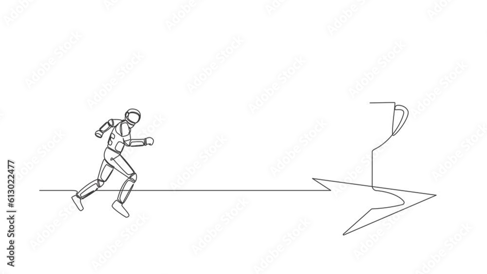 Poster animated self drawing of continuous line draw astronaut running to reach golden trophy. space scient