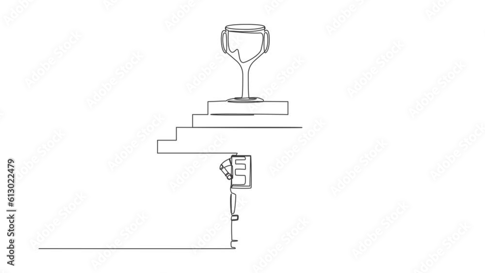 Poster animated self drawing of continuous line draw astronaut standing in front of staircase with trophy o