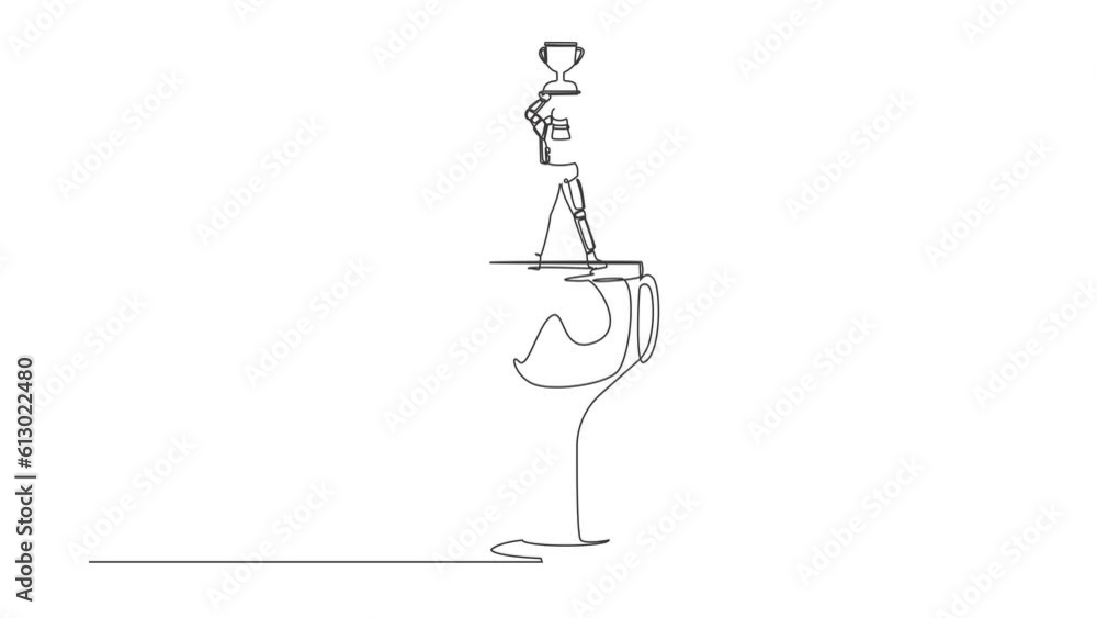Poster animated self drawing of continuous line draw astronaut standing above big trophy lifting up winner 