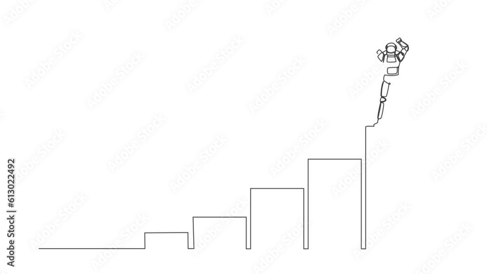 Poster animated self drawing of continuous line draw astronaut climb graph staircase to reach lifting up tr