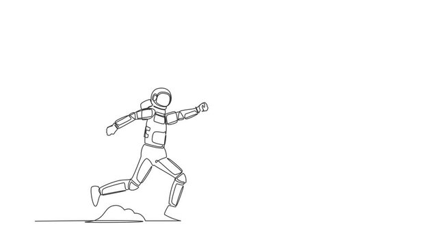 Self drawing animation of single one line draw astronaut trying to catch running chasing after run away winner trophy. Losing in spaceship galaxy expedition. Continuous line draw. Full length animated