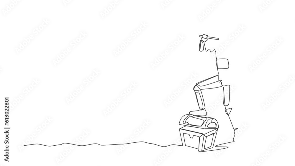 Poster self drawing animation of single line draw astronaut digging ground with shovel step on treasure che