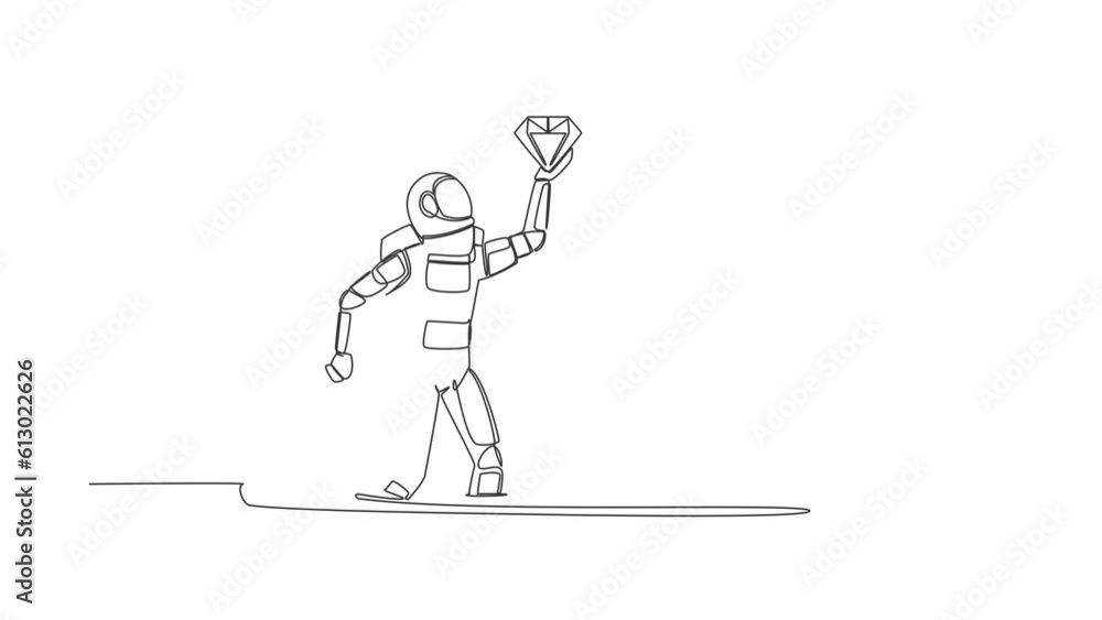 Poster animated self drawing of continuous line draw astronaut carrying chest treasure in moon ground. spac