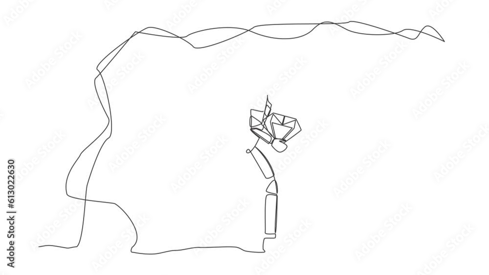 Poster animated self drawing of continuous line draw astronaut carrying big diamond from moon underground. 