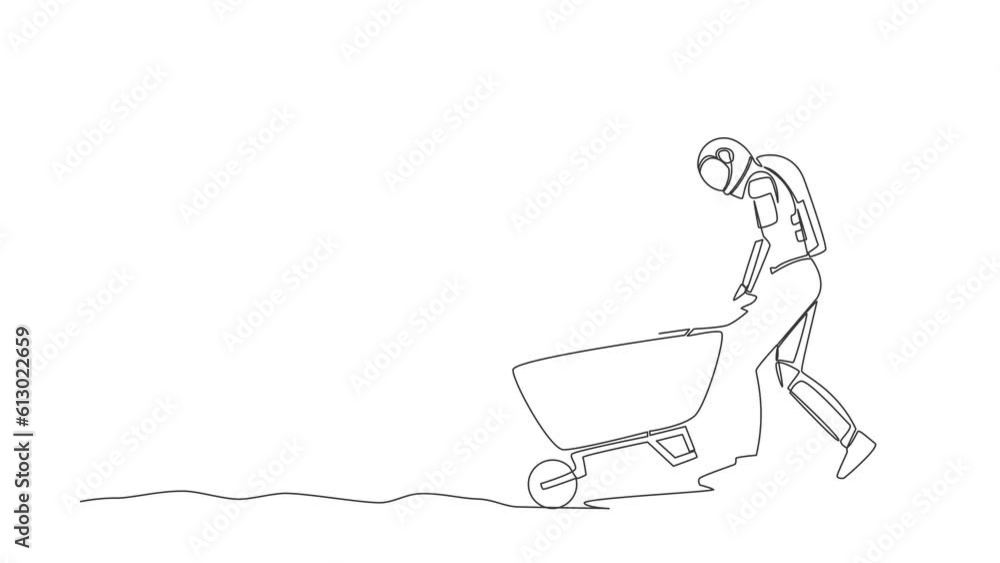 Poster self drawing animation of single line draw astronaut pushing cart full of diamonds in moon. wheelbar