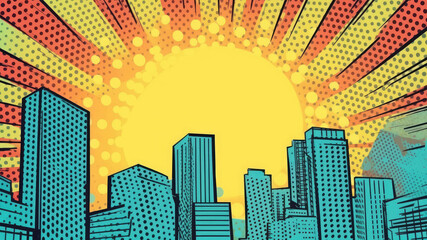 Downtown cityscape with orange yellow sun ray sun burst comic halftone retro design. Summer design. Generative AI
