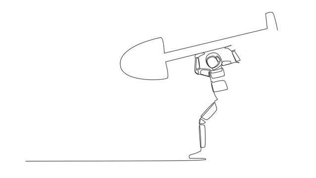 Animated self drawing of continuous line draw astronaut standing lifting big shovel. Depicts successful and achievement, in galactic discovery. Cosmonaut outer space. Full length single line animation