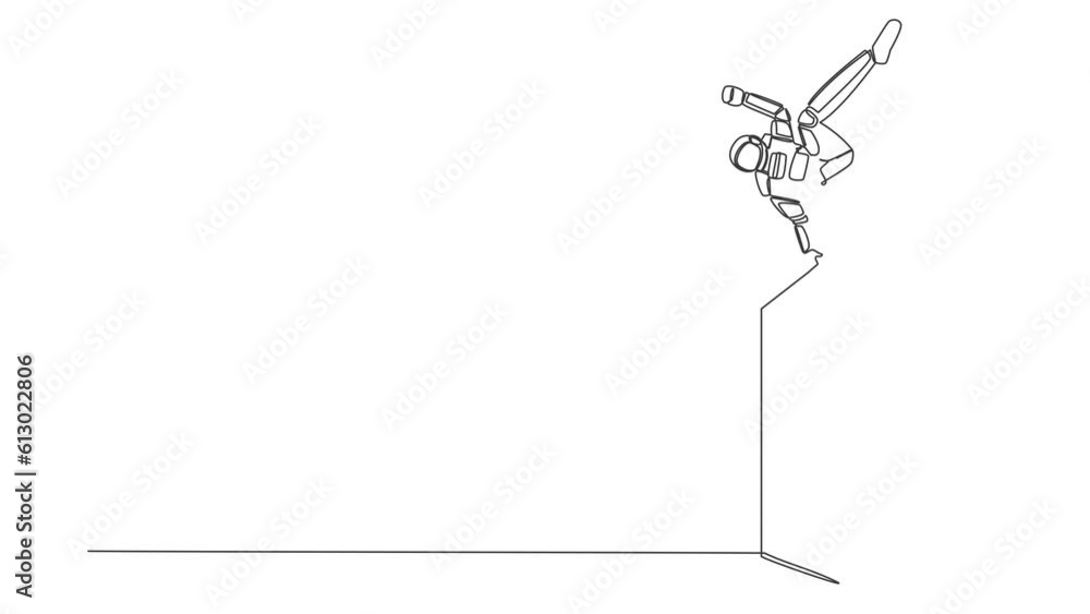 Poster animated self drawing of single continuous line draw astronaut jumps over wall avoid comfort zone in