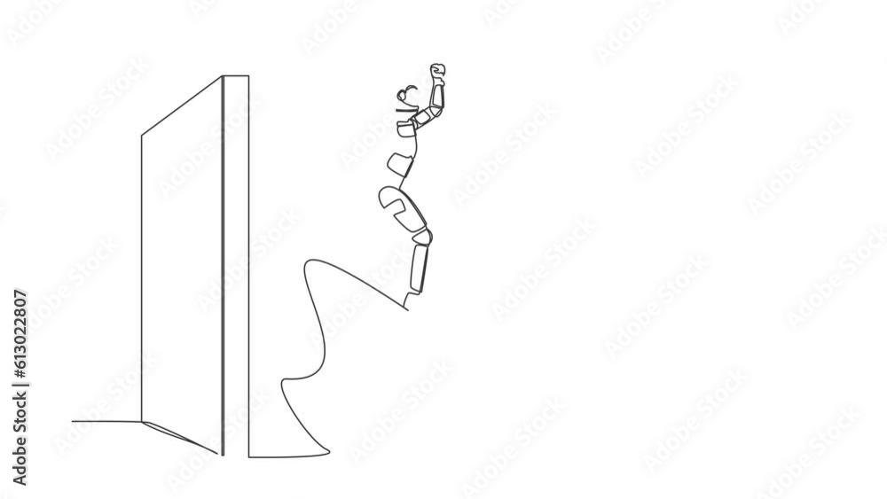Poster self drawing animation of single line draw astronaut managed to jump over the wall in moon. get new 
