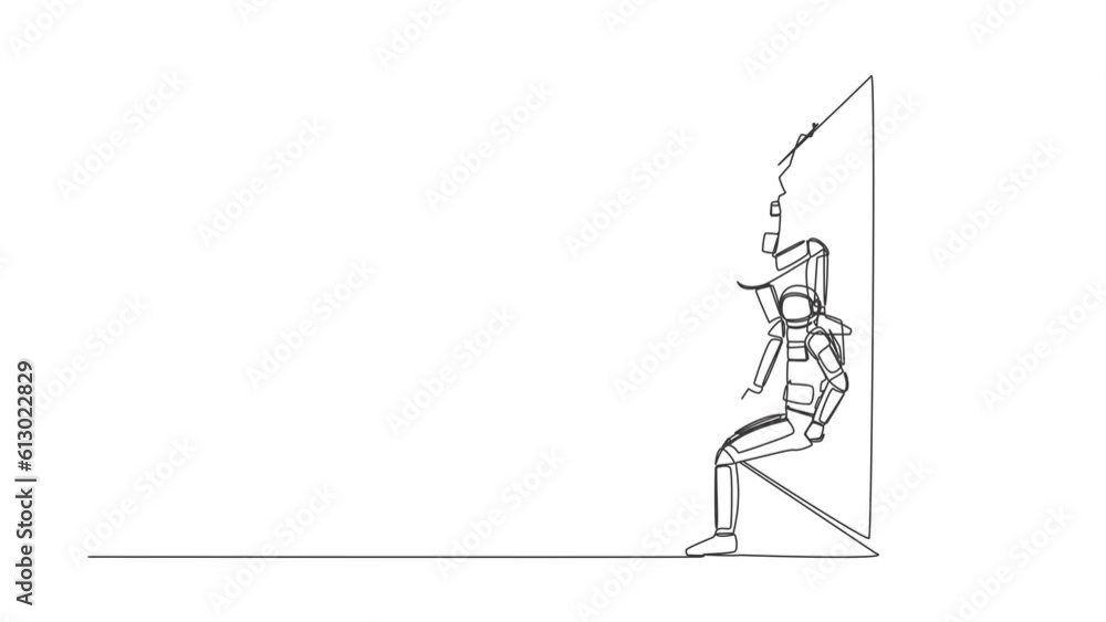 Poster self drawing animation of single line draw astronaut helping another spaceman climb wall in moon sur