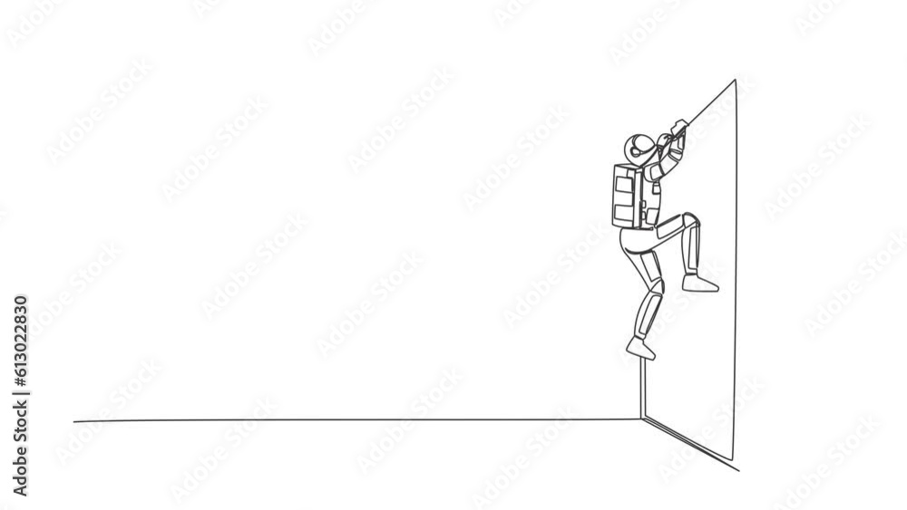 Poster animated self drawing of continuous line draw astronaut helping another spaceman climb wall by pulli