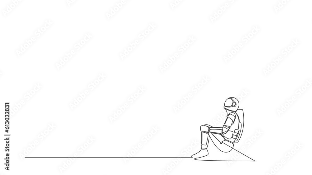 Poster animated self drawing of continuous line draw astronaut sitting on floor lean against wall. sad and 