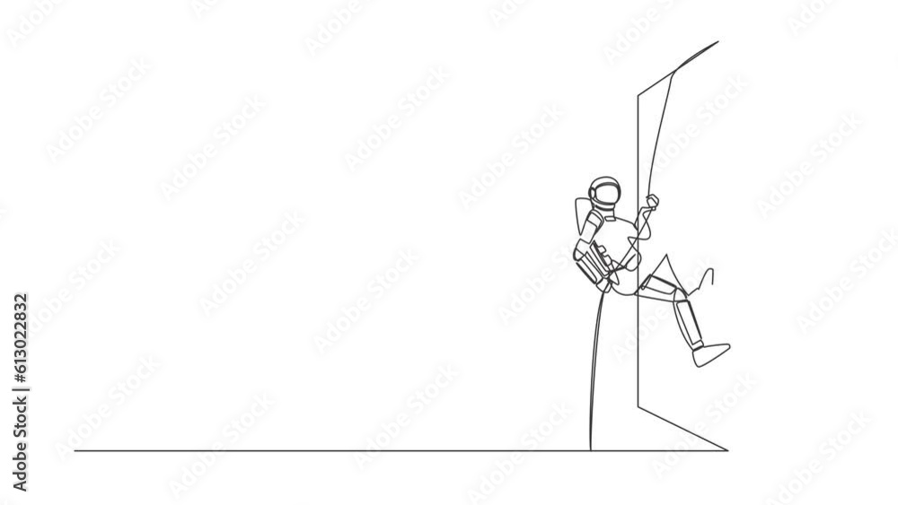 Poster animated self drawing of continuous line draw young astronaut climbing over wall with rope in moon s