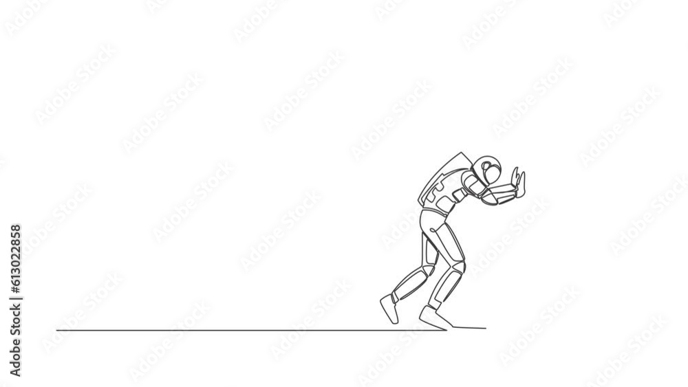 Poster self drawing animation of single line draw of astronaut pushing wall in moon surface. challenge and 