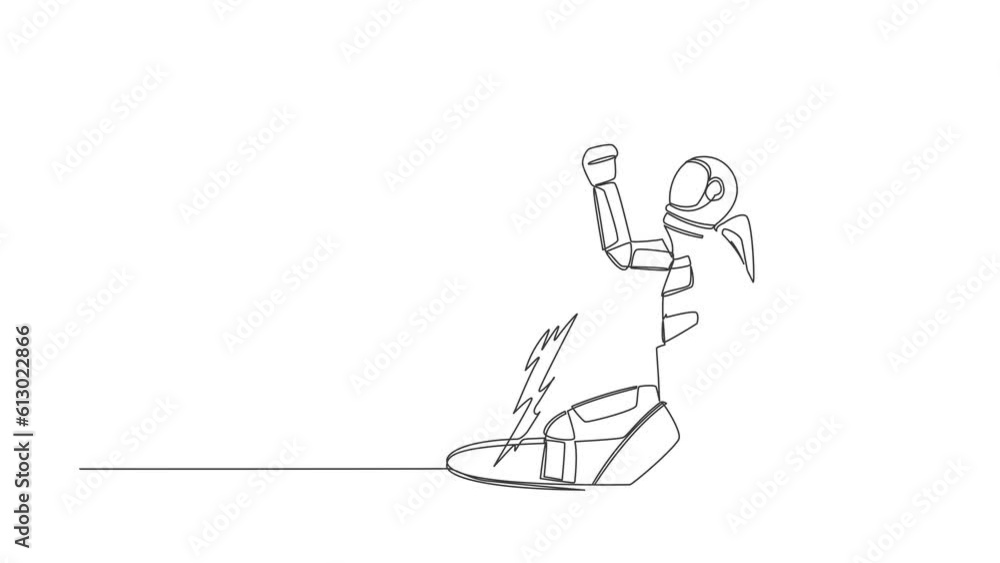 Poster animated self drawing of continuous line draw astronaut fell into manhole underground sewer. spacema