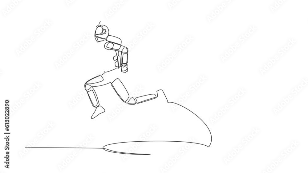Poster self drawing animation of single line draw astronaut jumping through hole, metaphor to facing space 