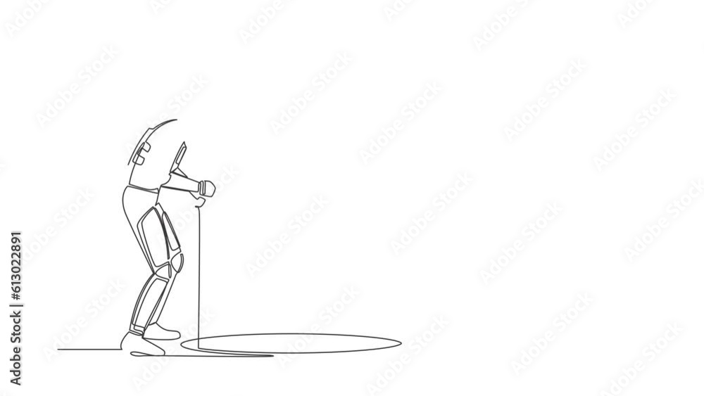 Poster animated self drawing of continuous line draw astronaut stretch out rope into hole. spaceman wonderi