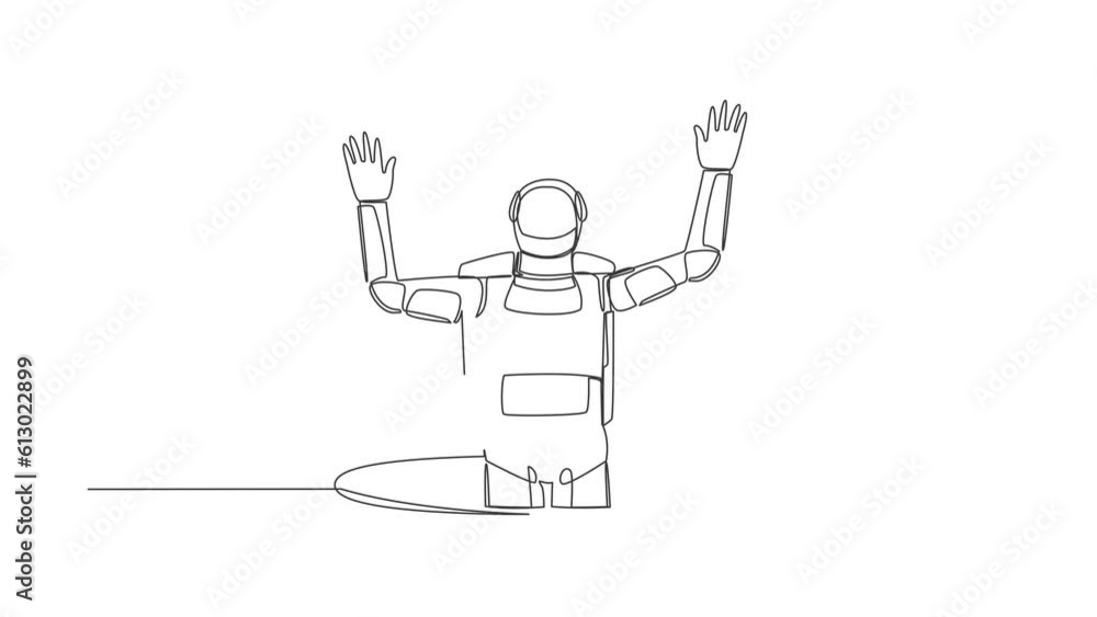 Poster self drawing animation of single line draw astronaut fell into manhole underground sewer. spaceman f