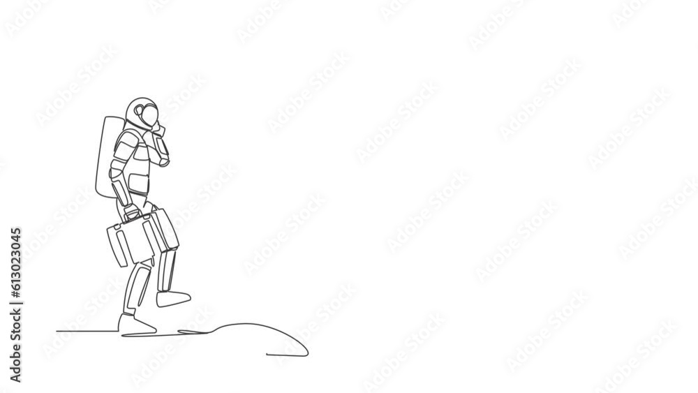 Poster animated self drawing of continuous line draw astronaut talking on smartphone, he does not see hole 