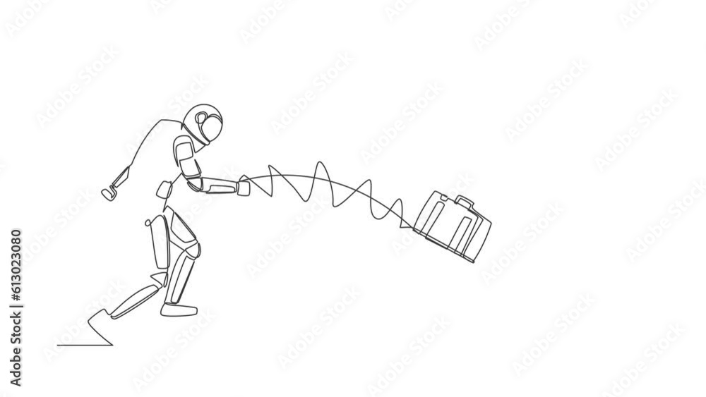 Poster animated self drawing of continuous line draw astronaut throws briefcase into hole. failure to take 