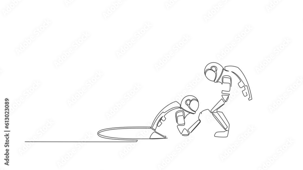 Poster animated self drawing of continuous line draw astronaut helping his friend by take him out from hole