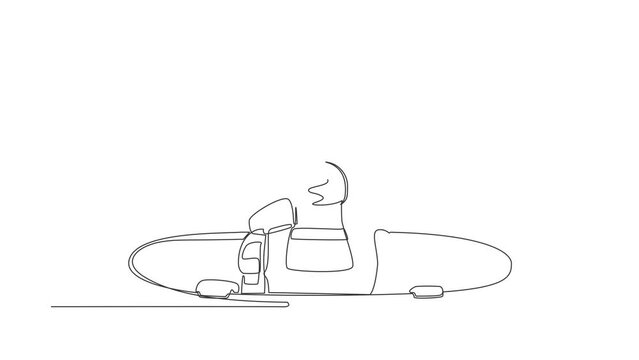 Animated self drawing of continuous line draw astronaut emerges from hole. Failure to take advantage of space expedition opportunities. Cosmonaut deep space concept. Full length one line animation