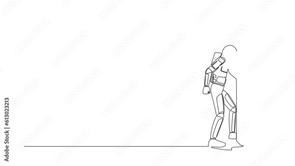 Poster self drawing animation of single line draw astronaut enters room through door. spaceman walking to o