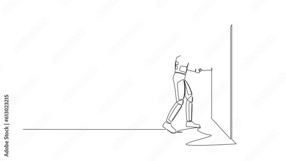 Poster self drawing animation of single one line draw astronaut insert key into keyhole which is on door. s
