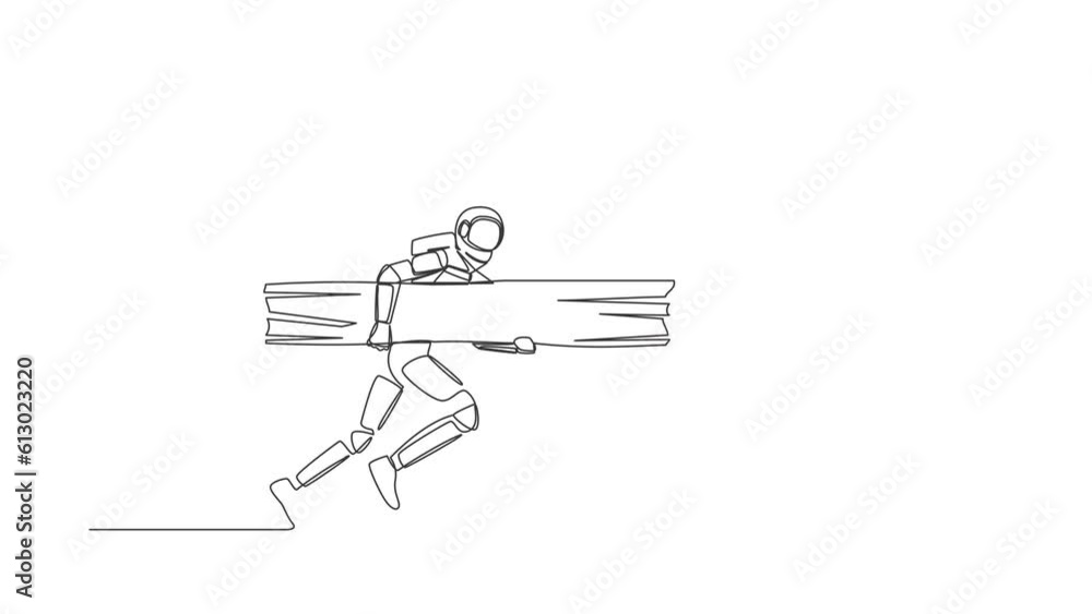 Poster animated self drawing of continuous line draw young astronaut holding large log and destroying door.