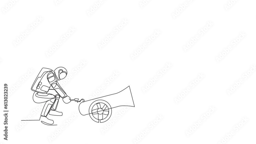 Aufkleber animated self drawing of continuous line draw young astronaut ignites cannon in front of door and de