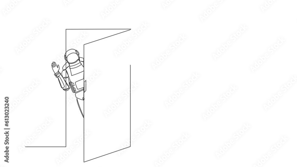 Poster self drawing animation of single line draw astronaut looking from behind open door in moon surface. 