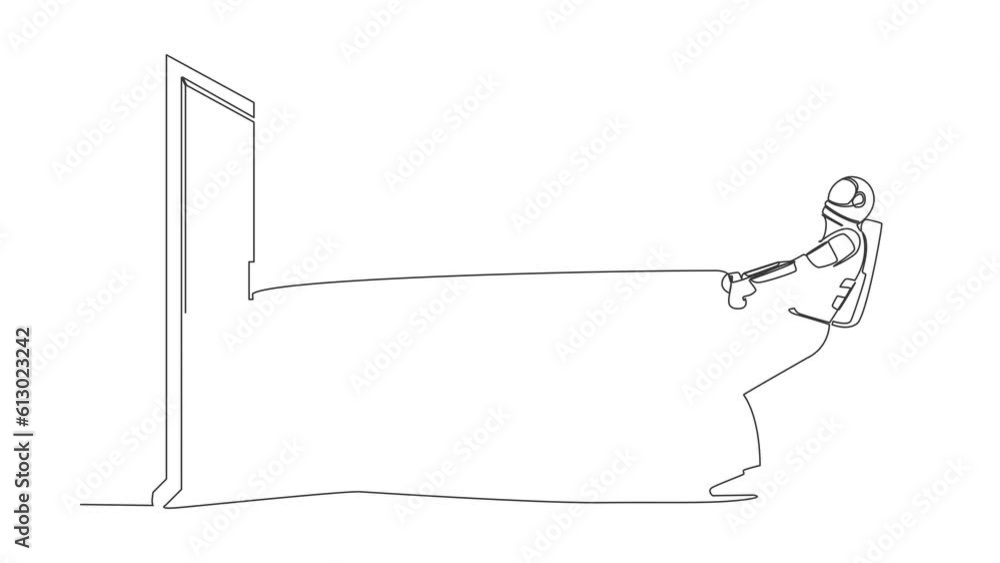 Poster animated self drawing of continuous line draw astronaut pulling rope to drag door, metaphor to facin