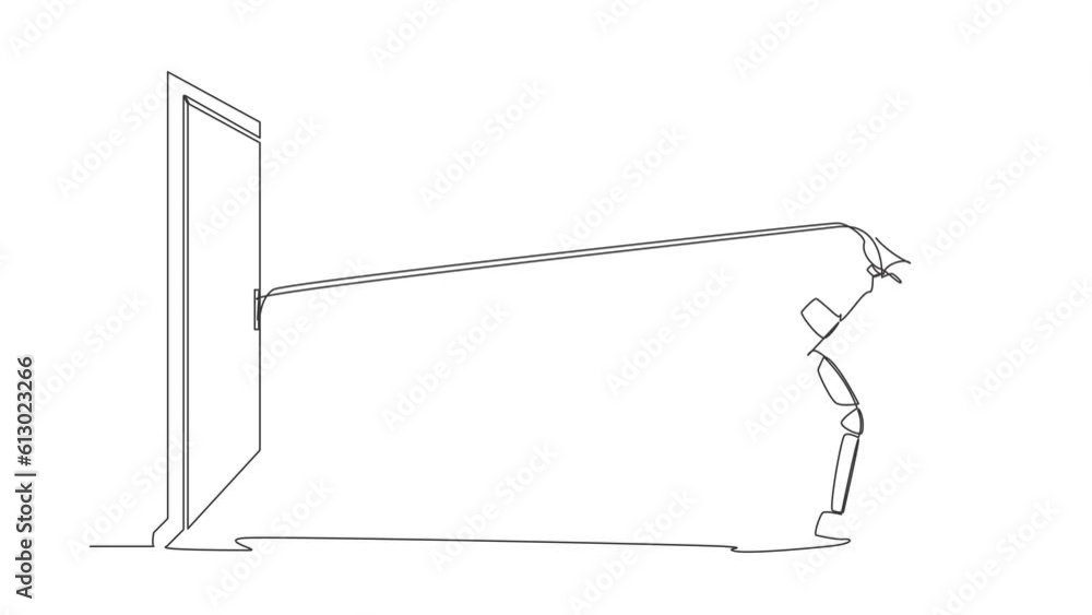 Poster animated self drawing of continuous line draw young astronaut trying hard to pulling rope to drag he