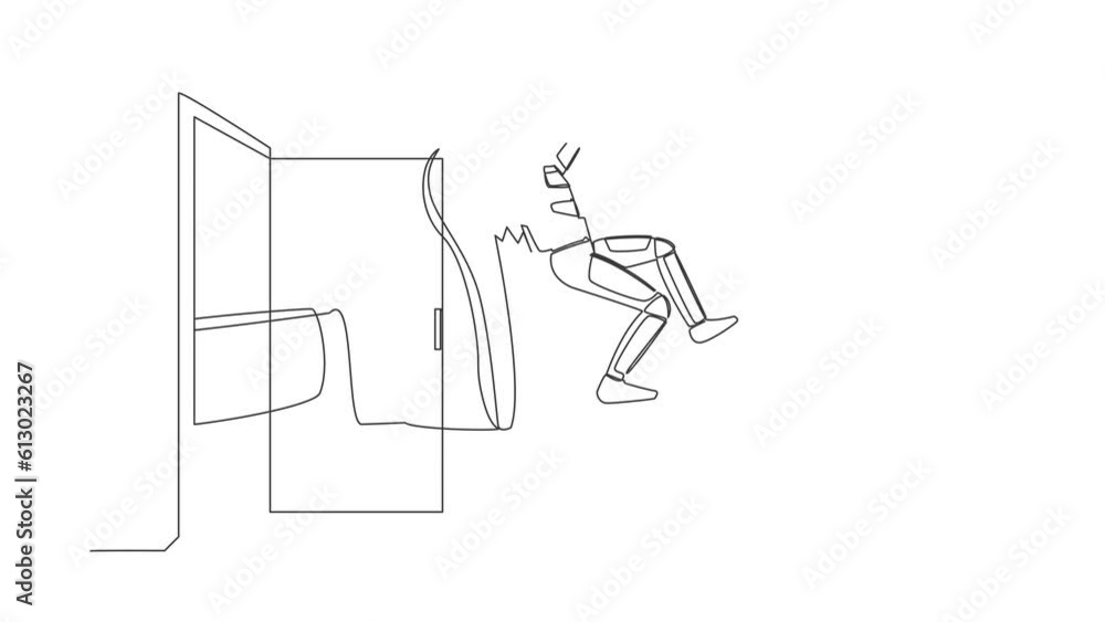 Poster animated self drawing of continuous line draw young astronaut get kicked out of door. dismissed from