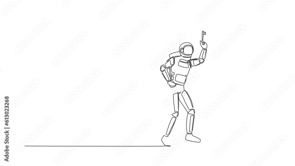 Poster animated self drawing of continuous one line draw astronaut lifting key in front of door. spaceman h