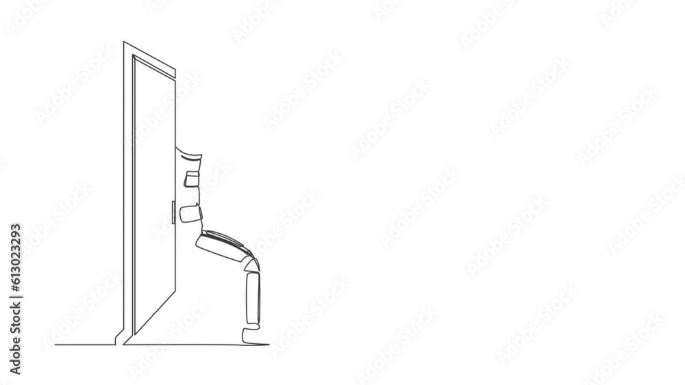 Poster animated self drawing of continuous line draw of astronaut pushing door with his back. spaceman over