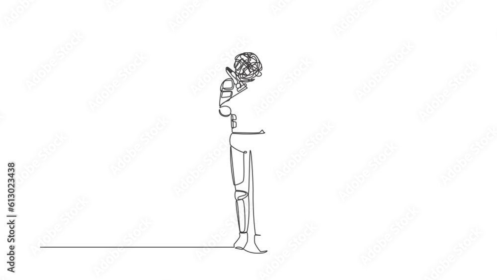 Poster animated self drawing of continuous one line draw astronaut with round scribbles instead of ahead, m