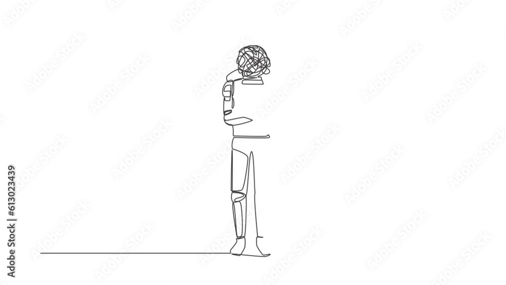 Poster self drawing animation of single line draw astronaut with round scribble instead of head, standing w