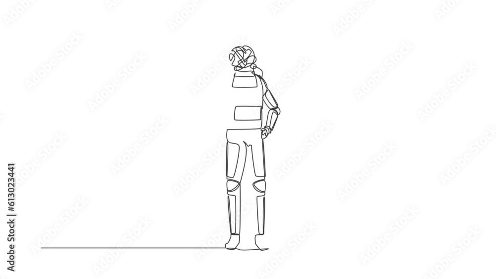 Poster animated self drawing of continuous line draw young astronaut with round scribbles instead of head, 