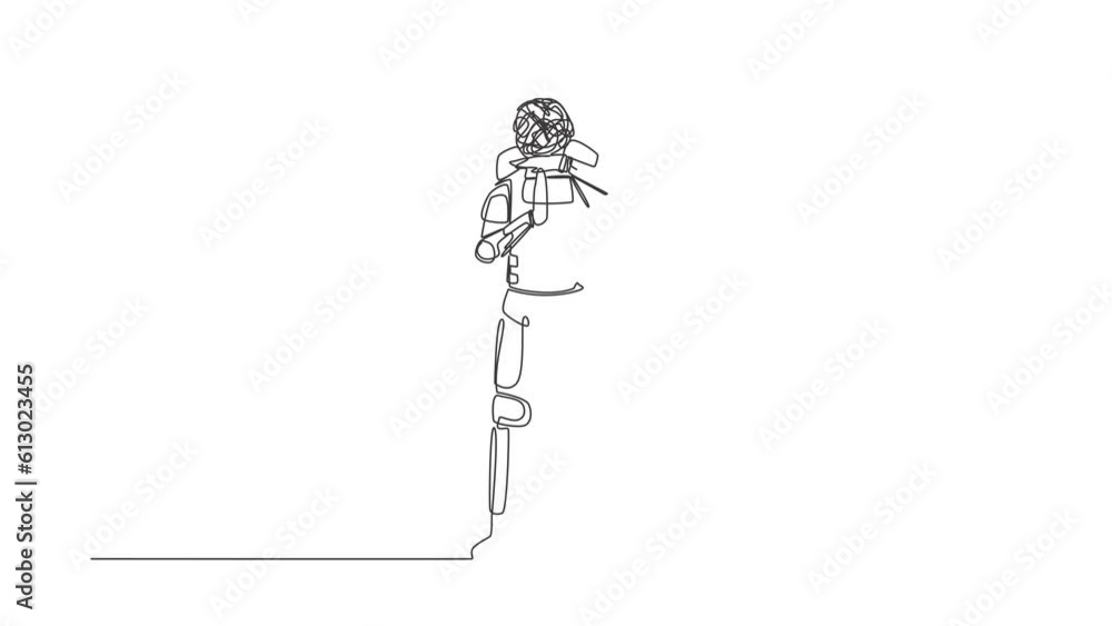 Poster self drawing animation of single line draw astronaut with round scribbles instead of head. stop work