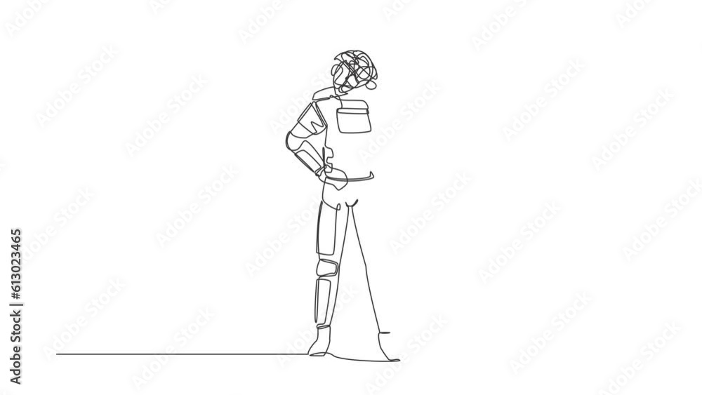 Poster animated self drawing of continuous line draw astronaut with round scribbles instead of head, standi