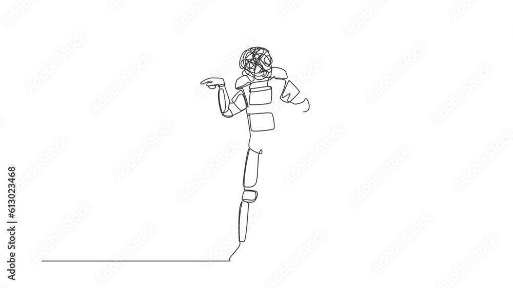 Poster self drawing animation of single line draw astronaut with round scribbles instead of head. angry, ar